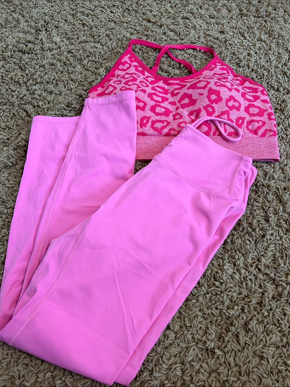 Scrunch butt bubblegum pink legging and cheetah sports bra set size large